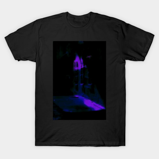 Special processing. Person walking at night, on dark street, with stone walls. Blue. T-Shirt by 234TeeUser234